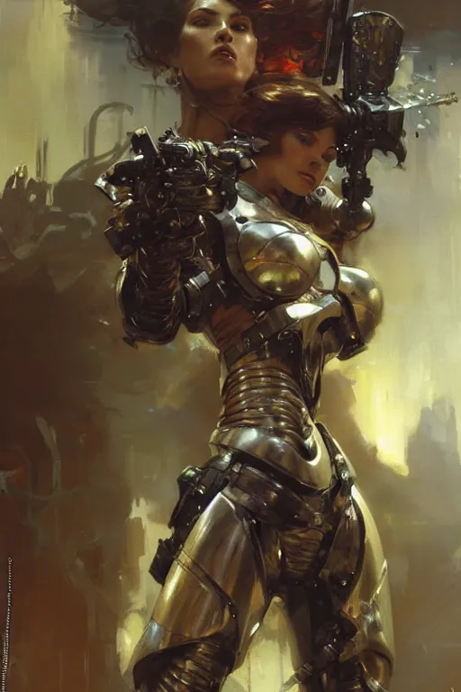 Image similar to futuristic women with medieval armor cyborg fighting dynamic poses, holding a gunsword, detail, beautifull face, no blur, painting by gaston bussiere, craig mullins, greg rutkowski, yoji shinkawa, sorayama