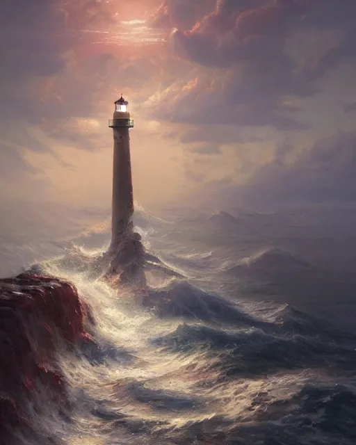 Prompt: a beautiful painting of a singular lighthouse, shining its light across a tumultuous sea of blood by greg rutkowski and thomas kinkade, trending on artstation