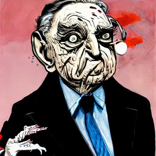 Image similar to George Soros by Ralph Steadman, illustration, body horror, biopunk