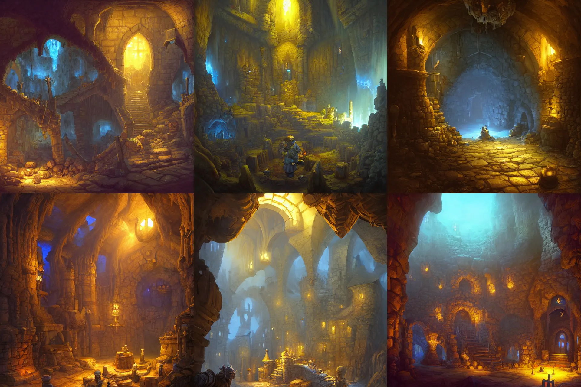 Prompt: a digital painting of a medieval fantasy dungeon by justin gerard, paul bonner, highly detailed, blue and yellow contrast, volumetric lighting, digital art, artstation hd