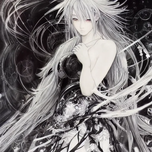 Image similar to yoshitaka amano blurred and dreamy illustration of an anime girl with black eyes, wavy white hair fluttering in the wind wearing elden ring armor and engraving, abstract black and white patterns on the background, noisy film grain effect, highly detailed, renaissance oil painting, weird portrait angle, blurred lost edges, three quarter view