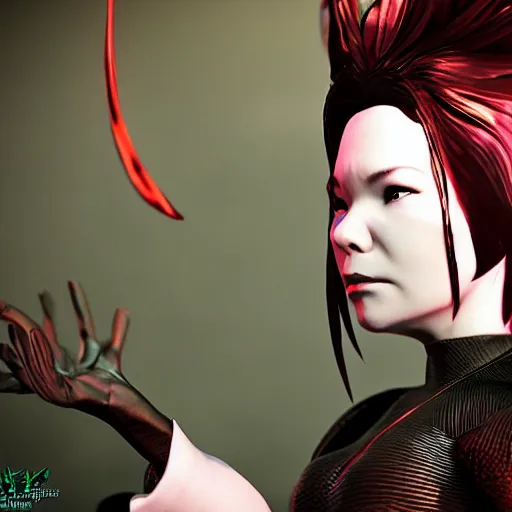 Prompt: Bjork as a Square Enix Villain 2005 JRPG cinema 4d render, Ray tracing reflection, natural lighting, Unreal Engine award winning photography