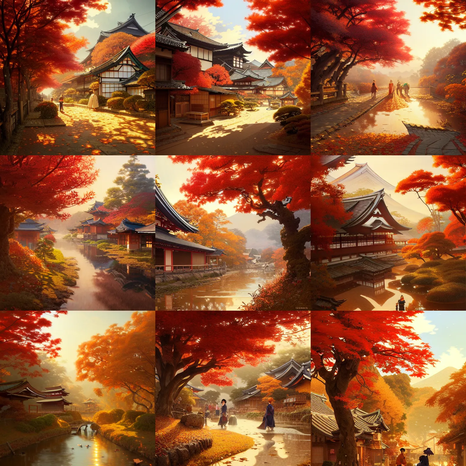 Prompt: japanese rural town, autumn, intricate, elegant, highly detailed, digital painting, artstation, concept art, smooth, sharp focus, illustration, art by artgerm and greg rutkowski and alphonse mucha, 8 k