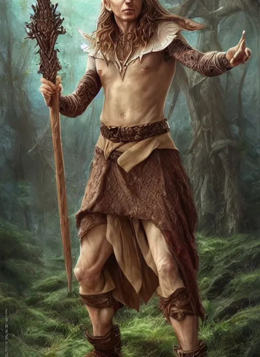 Image similar to a relaxed half elf middle aged druid in a sleeveless west, strong, full body, 8 k, hyperrealistic,, hyperdetailed, fantasy portrait by laura sava