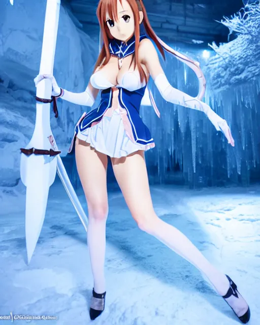 Prompt: pinup photo of asuna from sao in ice dungeon, asuna by a - 1 pictures, by greg rutkowski, gil elvgren, enoch bolles, glossy skin, pearlescent, anime, very coherent, maxim magazine, 3 d, vray, unreal 5, octave rendey, maya, cgsociety, dslr