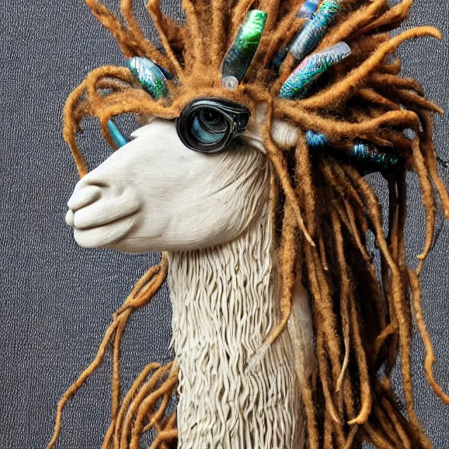 Prompt: llama with dreadlocks, detailed, made from glasses, by ernst haeckel, james jean, el anatsui, mandy jurgens