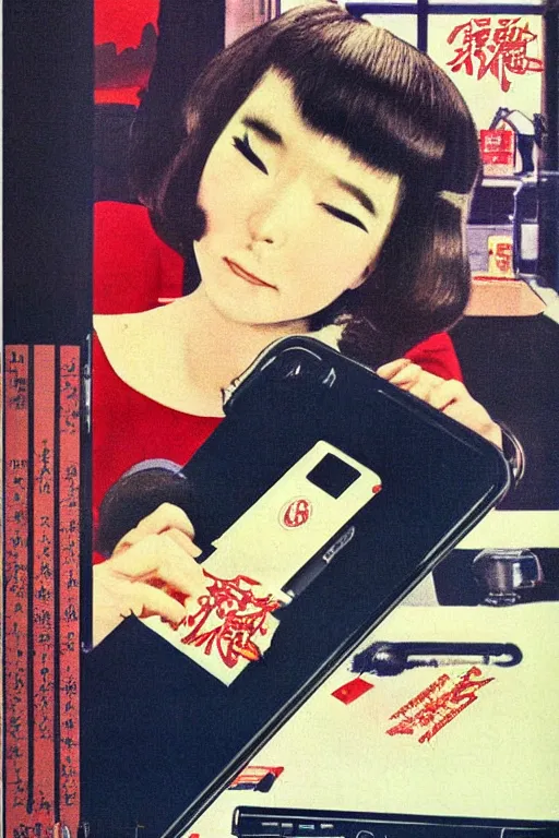 Image similar to cell phone advertisment, still life, 1 9 7 0 s japan shouwa advertisement, print, nostalgic