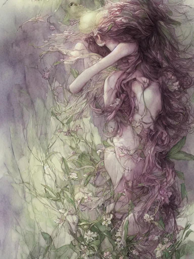 Image similar to study of a flower fairy, illustration, watercolor, alan lee, detailed, pretty, ethereal, realistic, artstation,