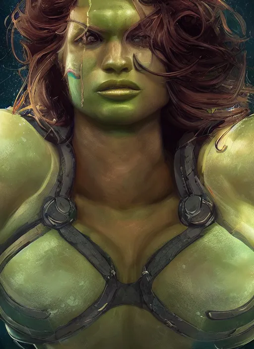 Image similar to underwater portrait of shehulk as a space marine, hyper detailed, digital art, cinematic lighting, studio quality, smooth render, unreal engine 5, octane rendered, art style by klimt and nixeu and ian sprigger and wlop and krenz cushart.