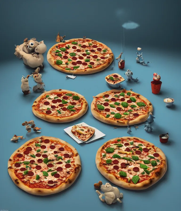 Image similar to a beautiful hyperrealistic detailed 3D render of cute pizza monsters, by Anton Otto Fischer, Atey Ghailan, genzoman, unreal engine, octane render, gigantic, 3D, brilliantly coloured, intricate, ultra wide angle, trending on artstation, embers, smoke, dust, dusk, volumetric lighting, HDR, polished, micro details, ray tracing, 8k,