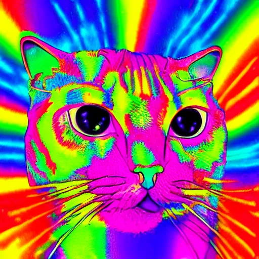 Image similar to psychedelic Lisa frank psychic cat overtaking the world which begins to shatter all around it as it opens its third eye for the first time chromatic aberration in the rising pieces of the crumbling earth