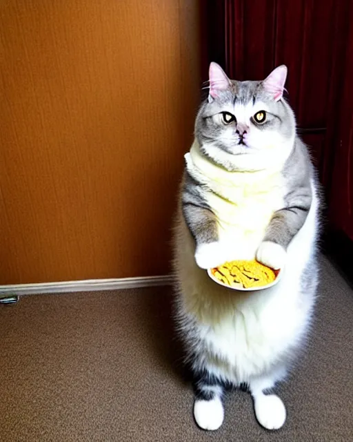 Image similar to Fluffy fat cat standing on two legs, wearing a crown, looking indignantly at the half-empty food bowl presented before her. Award-winning photograph, trending, funny, heartwarming