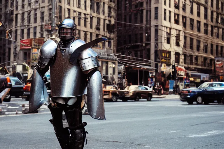 Prompt: closeup potrait of man in plate armor at a busy new york intersection, natural light, sharp, detailed face, magazine, press, photo, Steve McCurry, David Lazar, Canon, Nikon, focus