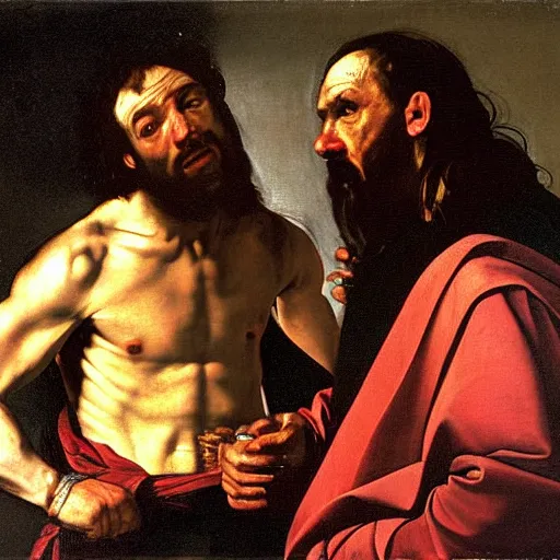 Image similar to judas and jesus discussing ropes. by caravaggio, by diego velazquez, by frans hals. oil painting, high detail, sfumato.