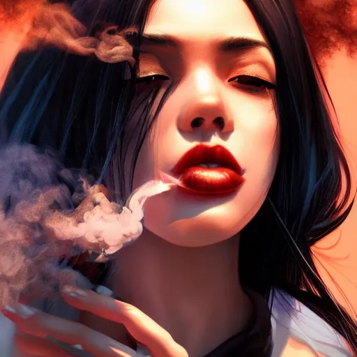 Image similar to woman with black hair, backlit smoke, hard light, cinematic lighting, high detail, made by artgerm, trending on artstation, sharp focus, smooth