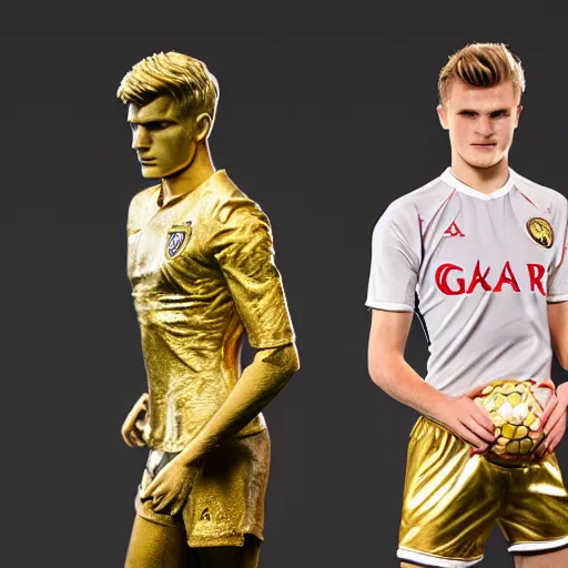 Image similar to a realistic detailed photo of a guy who is an attractive humanoid who is half robot and half humanoid, who is a male android, soccer players martin ødegaard & timo werner, shiny skin, posing like a statue, blank stare, in a museum, on display, showing off his muscles, gold soccer shorts, no jersey, statue, many copies of them