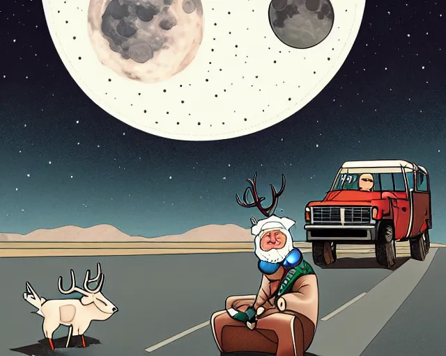 Image similar to a cell shaded cartoon grey obese santa + deer robot, with a big head, on a desert road, wide shot, in front of a big moon, muted colors, post grunge, josan gonzales, wlop, by james jean, victor ngai, hq, deviantart, art by artgem