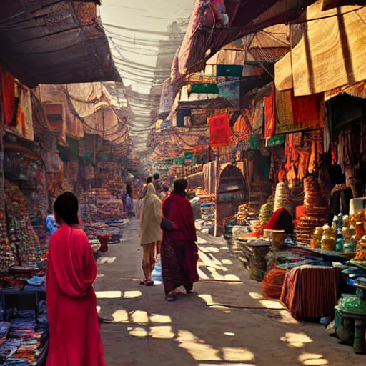 Image similar to bazaar in delhi. art by salman toor. faithfully depicted facial expression, perfect anatomy, sharp focus, global illumination, radiant light, detailed and intricate environment, trending on artstation