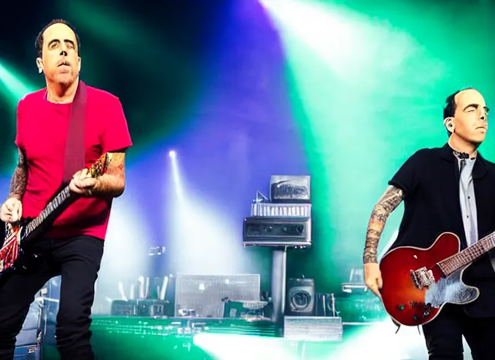 Image similar to publicity photo still of jerry seinfeld touring with blink 1 8 2 live on stage, 8 k, live concert lighting, mid shot