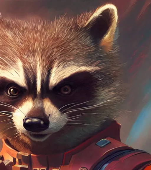 Image similar to a closeup portrait of Rocket Raccoon by Craig Mullins; extraordinary-masterpiece; realistic-lighting; 90mm; f/1.4