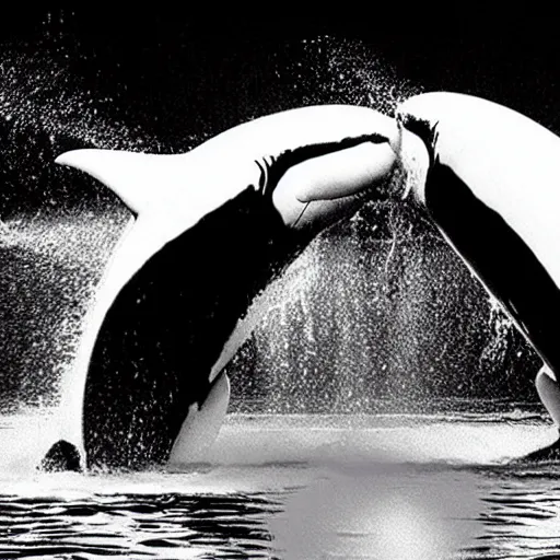 Image similar to A humanoid orca whale and great white shark boxing in a ring