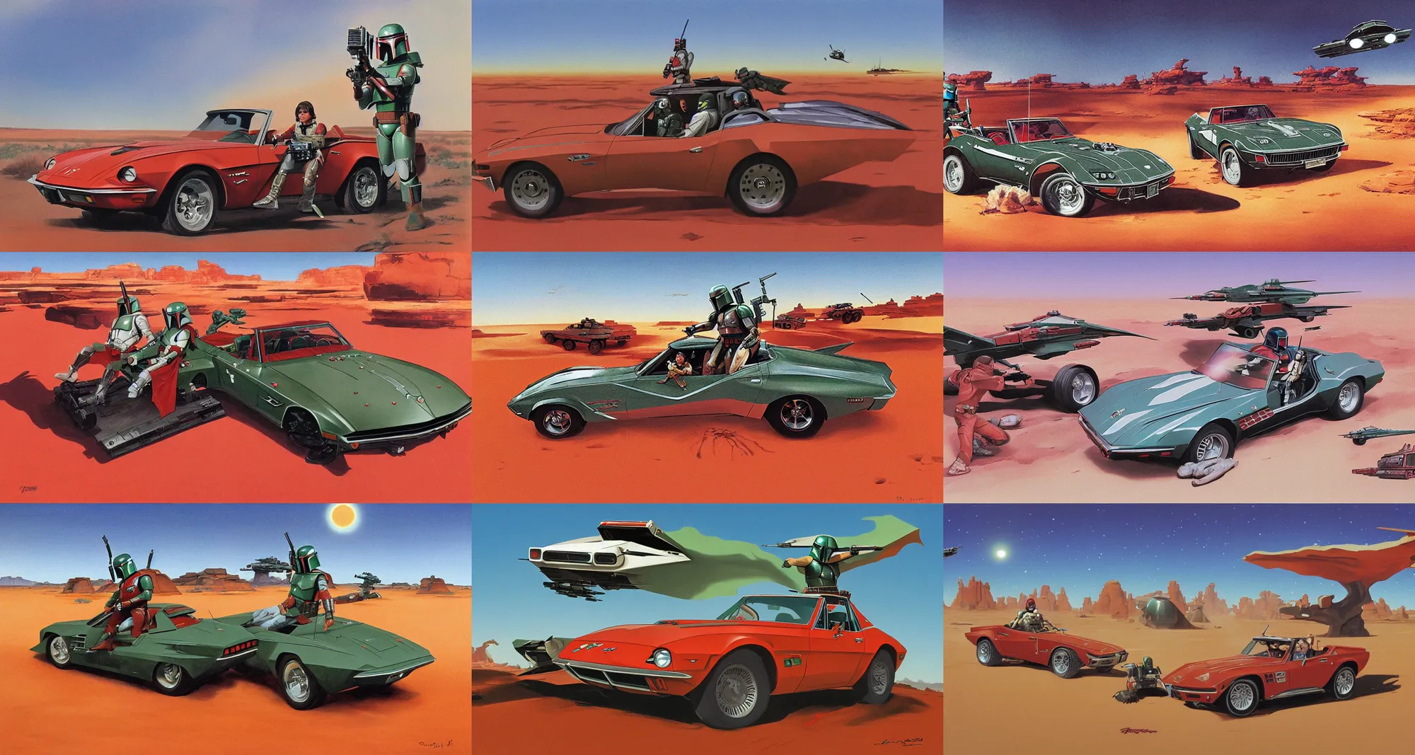Prompt: boba fett driving a red 1 9 6 7 stingray convertible alone through the australian outback, star wars production art by ralph mcquarrie, 1 9 7 7