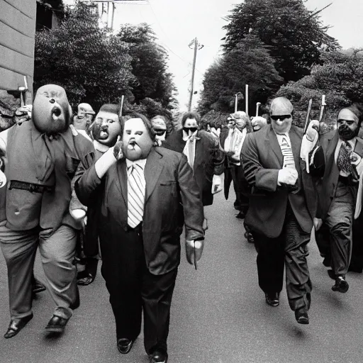 Image similar to A large group of chubby men in suits and neckties parading through the street holding canes, overcast day, 1990s.