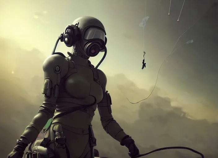 Prompt: portrait of pilot girl parachuting behind enemy lines, black sky background, chaotic landscape, illustration concept art anime key visual trending pixiv fanbox by wlop and greg rutkowski and makoto shinkai and studio ghibli and kyoto animation, kaki body suit, wires, odst, oxygen mask, military gear, grimdark, volumetric lighting