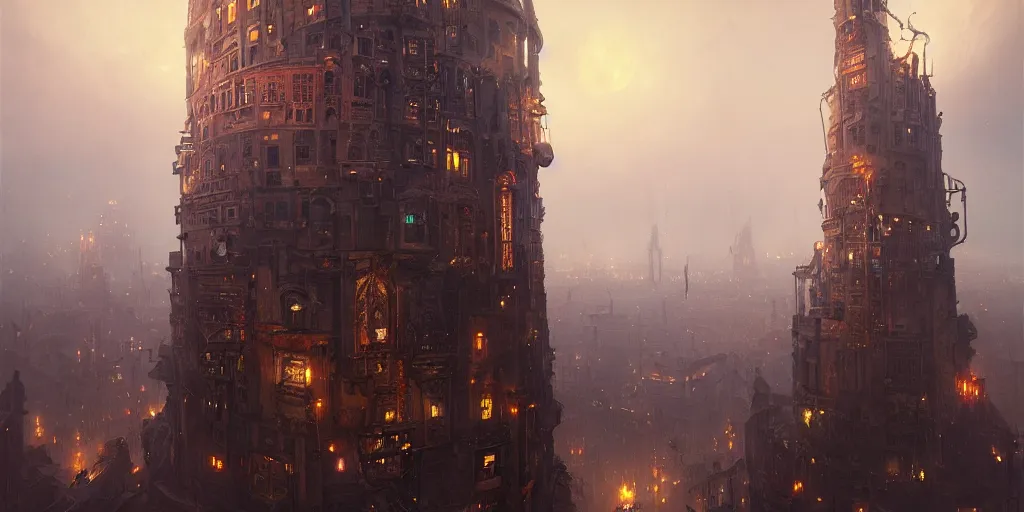Prompt: Bruegels The Tower of Babel, steampunk city, atmospheric lighting, a fantasy digital painting by Greg Rutkowski and James Gurney, trending on Artstation, hyperrealistic, realistic, photorealistic, dynamic lighting, highly detailed, cinematic landscape, studio landscape, studio lighting by Romain Jouandeau