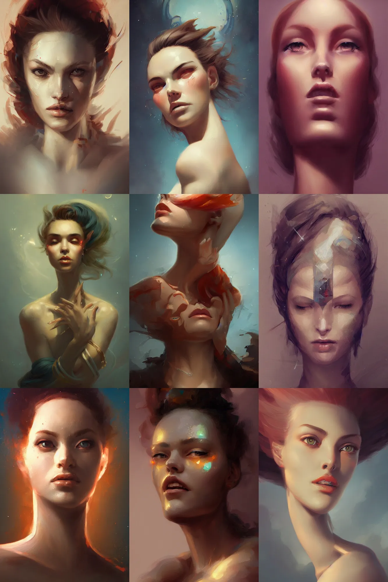 Prompt: prompt portrait of a beautiful female, close up view, head and upper body, looking upward, fullface, light from above, by Peter Mohrbacher, trending on artstation, 8k