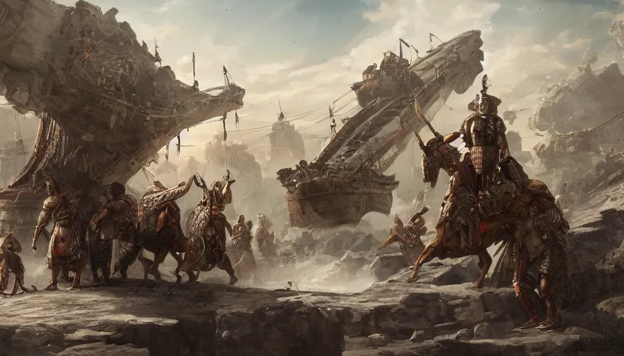 Image similar to Roman gladiators finding an ancient alien ship, hyperdetailed, artstation, cgsociety, 8k