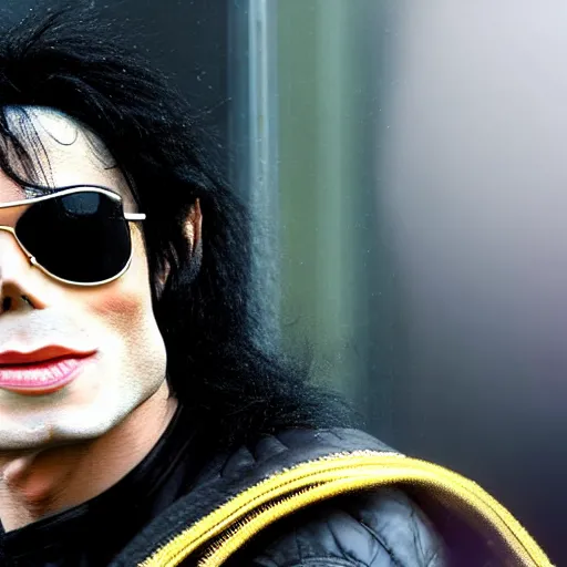 Prompt: michael jackson 2 0 0 9 wearing shades, alone, this is it style, photo real, pores, motion blur, sitting with bubbles the chimp window open, real life, spotted, ultra realistic face, accurate, 4 k, movie still, uhd, sharp, detailed, cinematic, render, modern