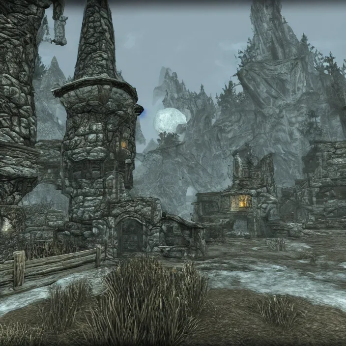 Prompt: a building in a serene landscape, skyrim