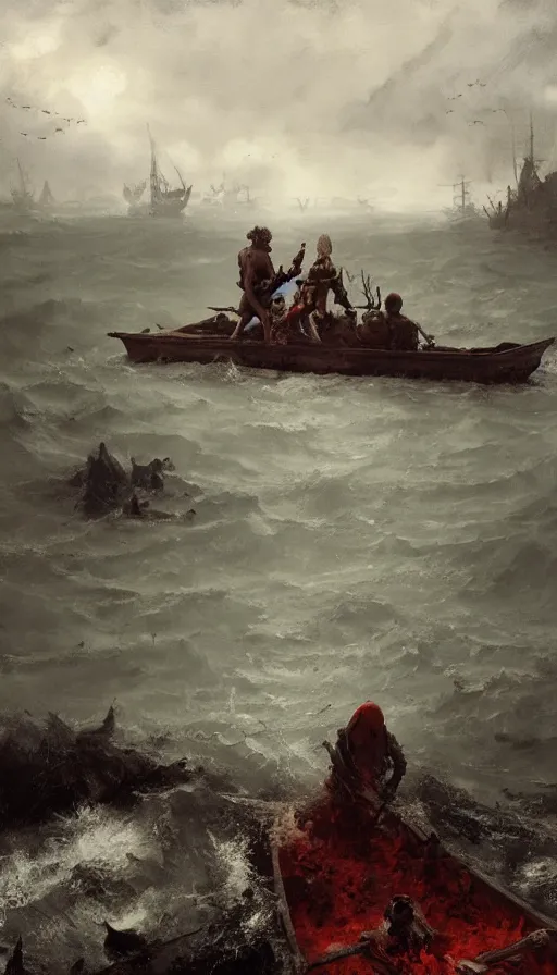 Prompt: man on boat crossing a body of water in hell with creatures in the water, sea of souls, by jakub rozalski