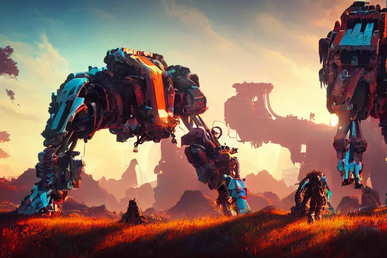 Image similar to behemoth machine mecanical creature robot of horizon forbidden west horizon zero dawn radiating a glowing aura global illumination ray tracing hdr fanart arstation by ian pesty and alena aenami artworks in 4 k