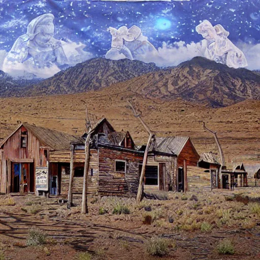 Image similar to western ghost town with creepy ghosts, art by alan bean