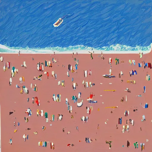 Image similar to Aerial view of a typical 1960s suburban family at the beach, painting by David Hockney, 1968