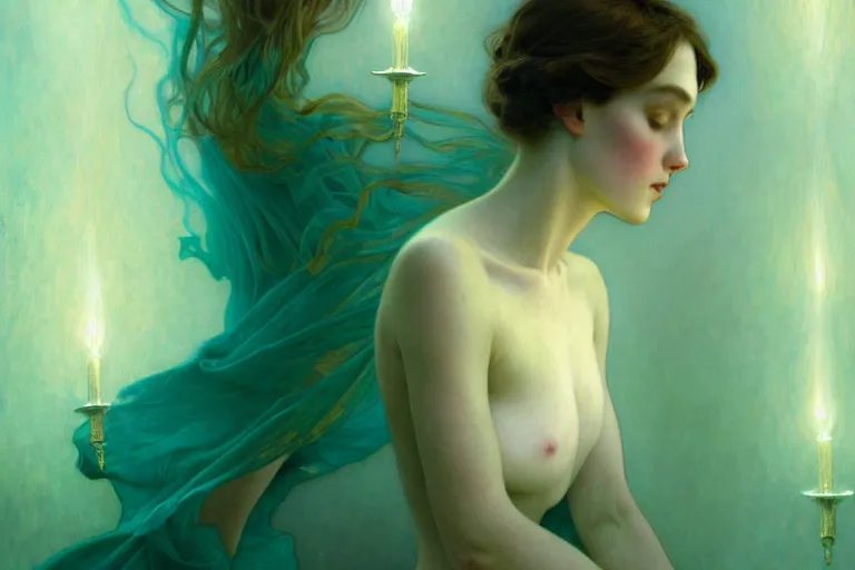 Image similar to pale teal becoming light itself, fantasy, intricate, elegant, dramatic lighting, emotionally evoking symbolic metaphor, highly detailed, lifelike, photorealistic, digital painting, artstation, concept art, smooth, sharp focus, illustration, art by John Collier and Albert Aublet and Krenz Cushart and Artem Demura and Alphonse Mucha