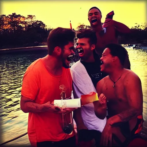 Image similar to a bill. a bong. a group of friends. enjoying themselves and laughing it up. sun set. red accents.