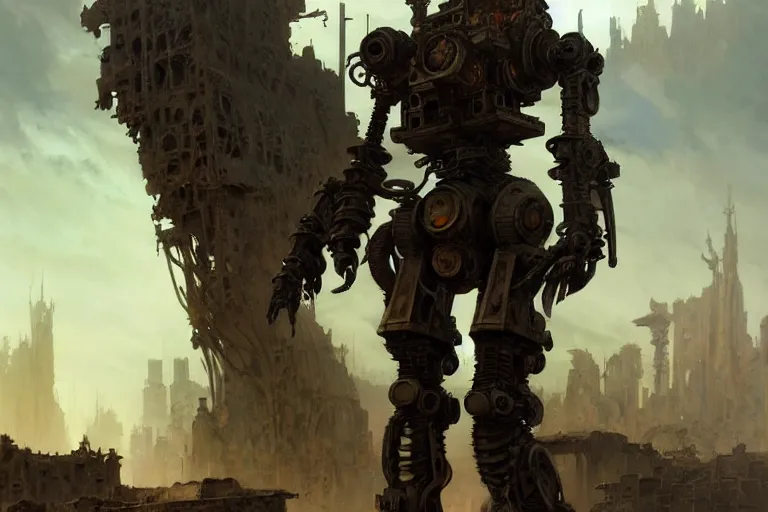 Prompt: a mech standing in a ruined city, fantasy, intricate, elegant, dramatic lighting, highly detailed, lifelike, photorealistic, digital painting, artstation, concept art, smooth, sharp focus, illustration, art by John Collier and Albert Aublet and Krenz Cushart and Artem Demura and Alphonse Mucha