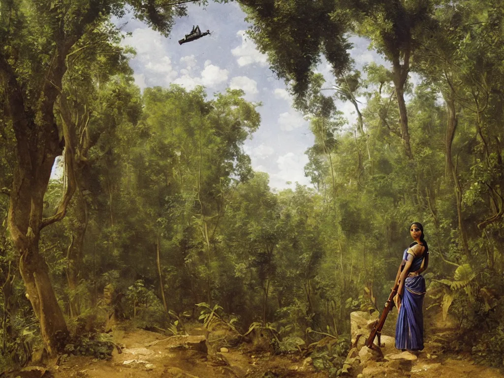 Prompt: sri lankan woman holding an ak 4 7 in a jungle next to an anc 8 8 ient ruin, by camille corot, third - person, f / 2 2, kinemacolor, rim lights, insanely detailed and intricate, hypermaximalist, elegant, ornate, hyper realistic, super detailed