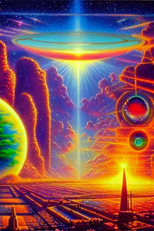 Prompt: a photorealistic detailed cinematic image of a beautiful vibrant iridescent future for human evolution, spiritual science, divinity, utopian, off center ground view, by david a. hardy, kinkade, lisa frank, wpa, public works mural, socialist