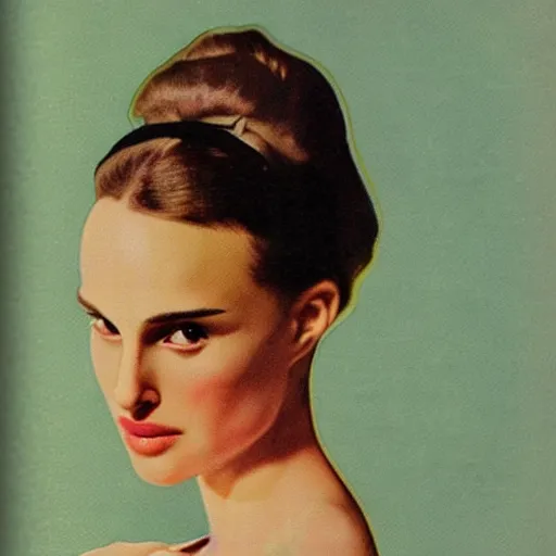 Image similar to “Natalie Portman portrait, color vintage magazine illustration 1950”