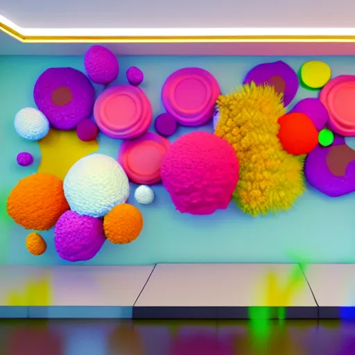 Image similar to : colorful abstract puffy floral sculpture art on the wall in modern architecture studio, meow wolf, cinematic lighting, hyper - realistic, detailed, render by c 4 d octane, unreal engine, 8 k 3 d render