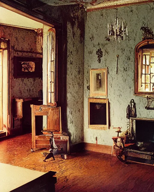 Prompt: the interior of an old house in devonshire that is probably haunted, delicate embellishments, painterly, offset printing technique, photographed on kodachrome by brom, robert henri, walter popp, cinematic lighting, various refining methods, micro macro autofocus, ultra definition, award winning photo