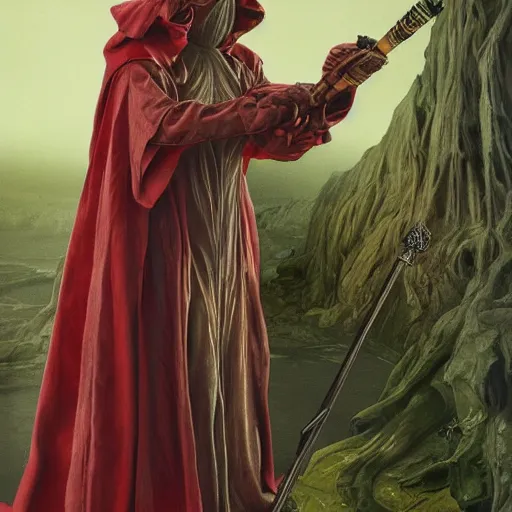 Prompt: detailed sharp focus, detailed figure in the robe with a hood, with a walking cane, background is goblincore forest, mist, frogs, artwork by Victor Adame Minguez + Yuumei + Tom Lovell + Sandro Botticelli