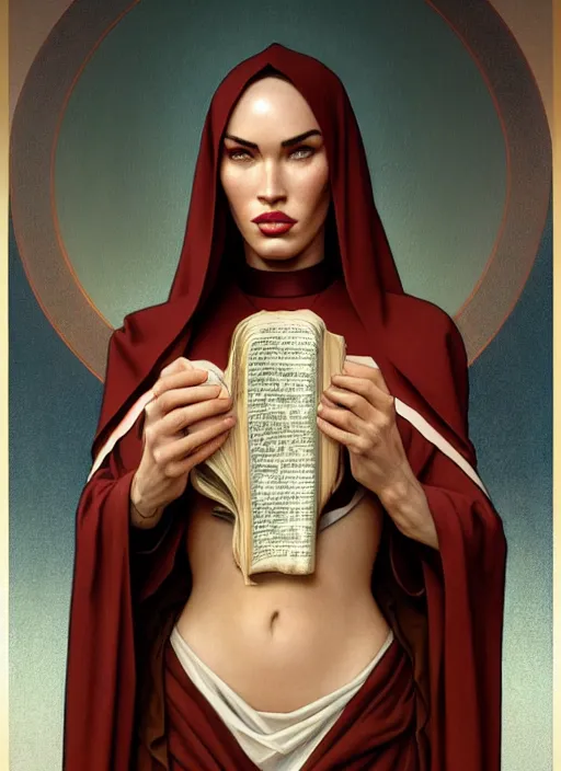 Prompt: portrait of megan fox as nun, bible, catholic, religion, cross, praying, intricate, headshot, highly detailed, digital painting, artstation, concept art, sharp focus, cinematic lighting, illustration, art by artgerm and greg rutkowski, alphonse mucha, cgsociety