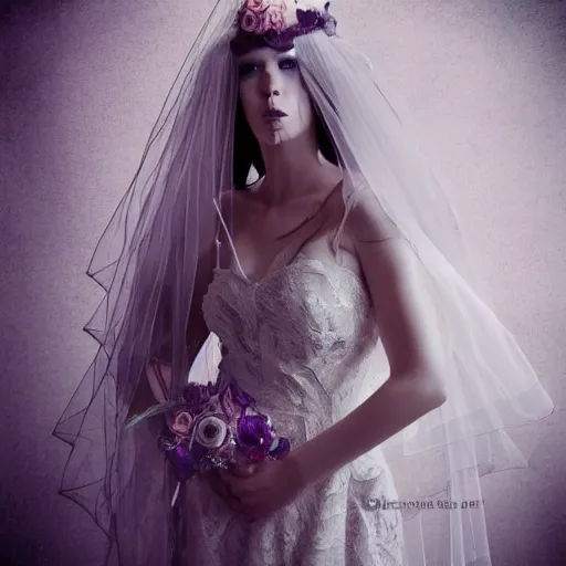 Prompt: Cthlulu lovecraftian eldritch glamour shot, wedding dress, lace veil, high fashion modeling, glossy magazine photoshoot, tentacles, airbrush, faded background,