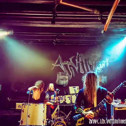 Image similar to a heavy metal band playing live music on stage in a tiny pub in England, empty room, dark concert lighting, center angle, close shot, professional photograph