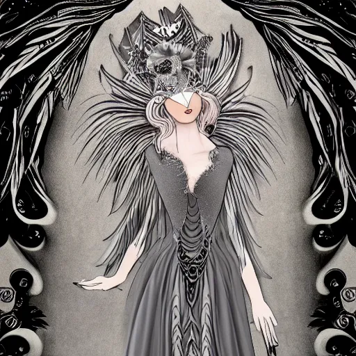 Prompt: Perelandra goddess of the penumbra, dressed in a flowery gray fitted dess. She has a a pair of black angel wings fanned out from behind her, done in a Tim Burton style